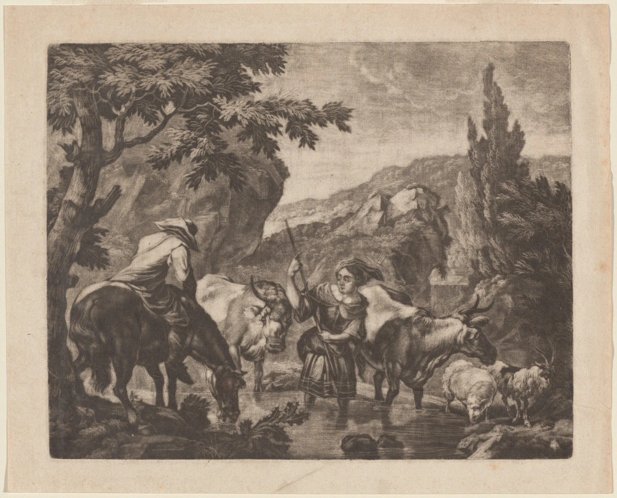 Cattle Fording a Stream, by Robert Robinson, ink, 1690