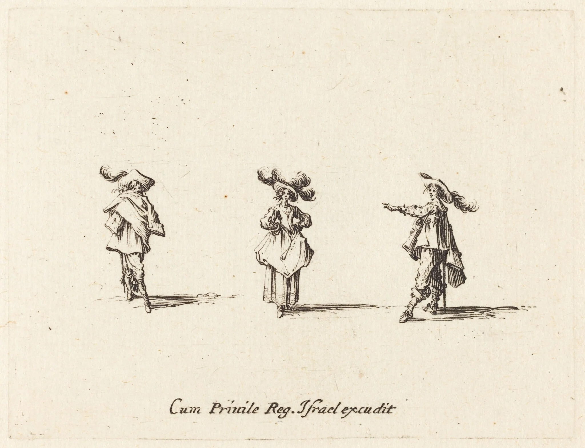 Lady with Large Plumes, and Two Gentlemen, by Jacques Callot, ink, 1634