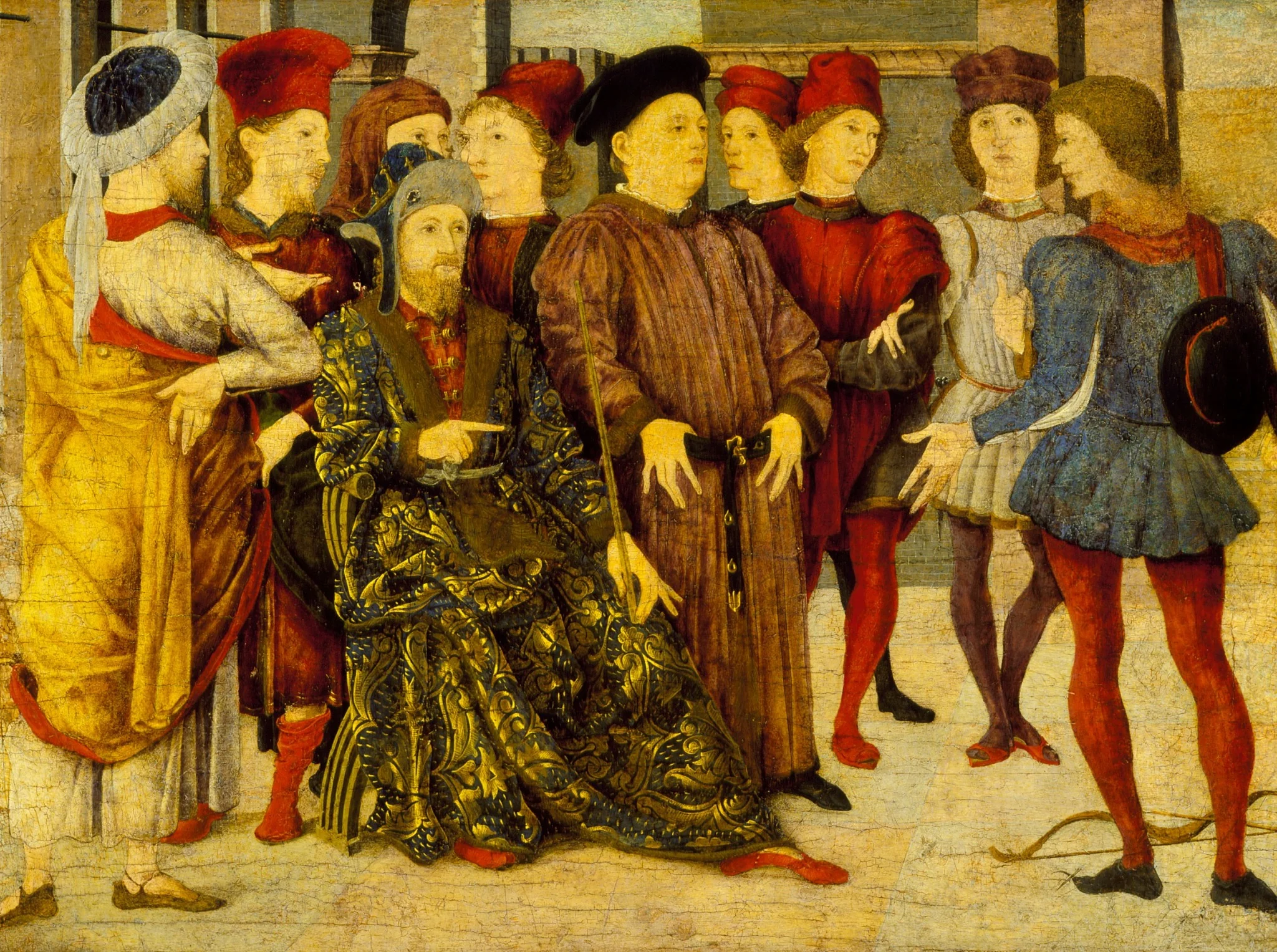Fragment from a Cassone Panel 'Shooting at Father's Corpse', by Marco Zoppo, tempera, 1462