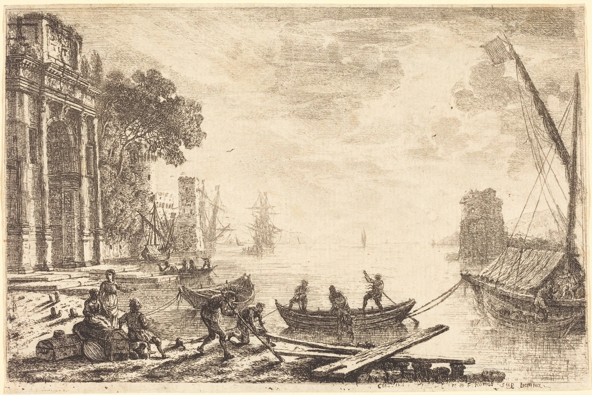 Harbor Scene with Rising Sun (Le soleil levant), by Claude Lorrain, ink, 1634