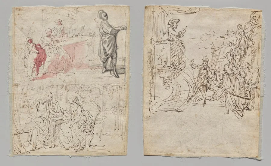 Theatre Scene (recto); Lingerie Boutique and Conversation (verso), by Gabriel de Saint-Aubin, 1770