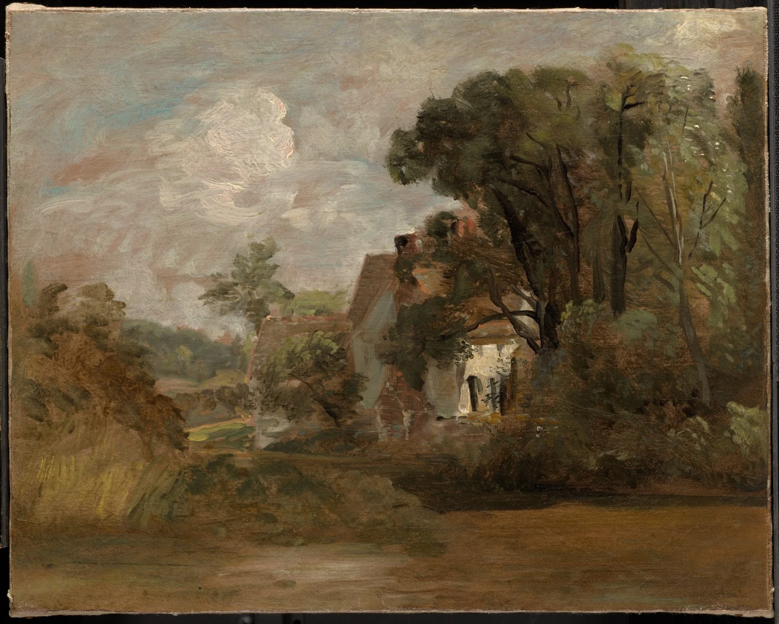 Willy Lott's House (recto); Landscape Sketches with Trees and Church Tower (verso), by John Constable, oil, 1816