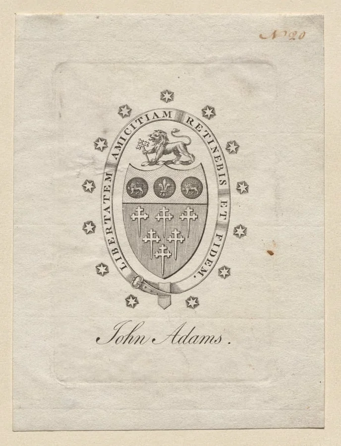 Bookplate:  Coat of Arms with John Adams inscribed below, by Unknown, 1850
