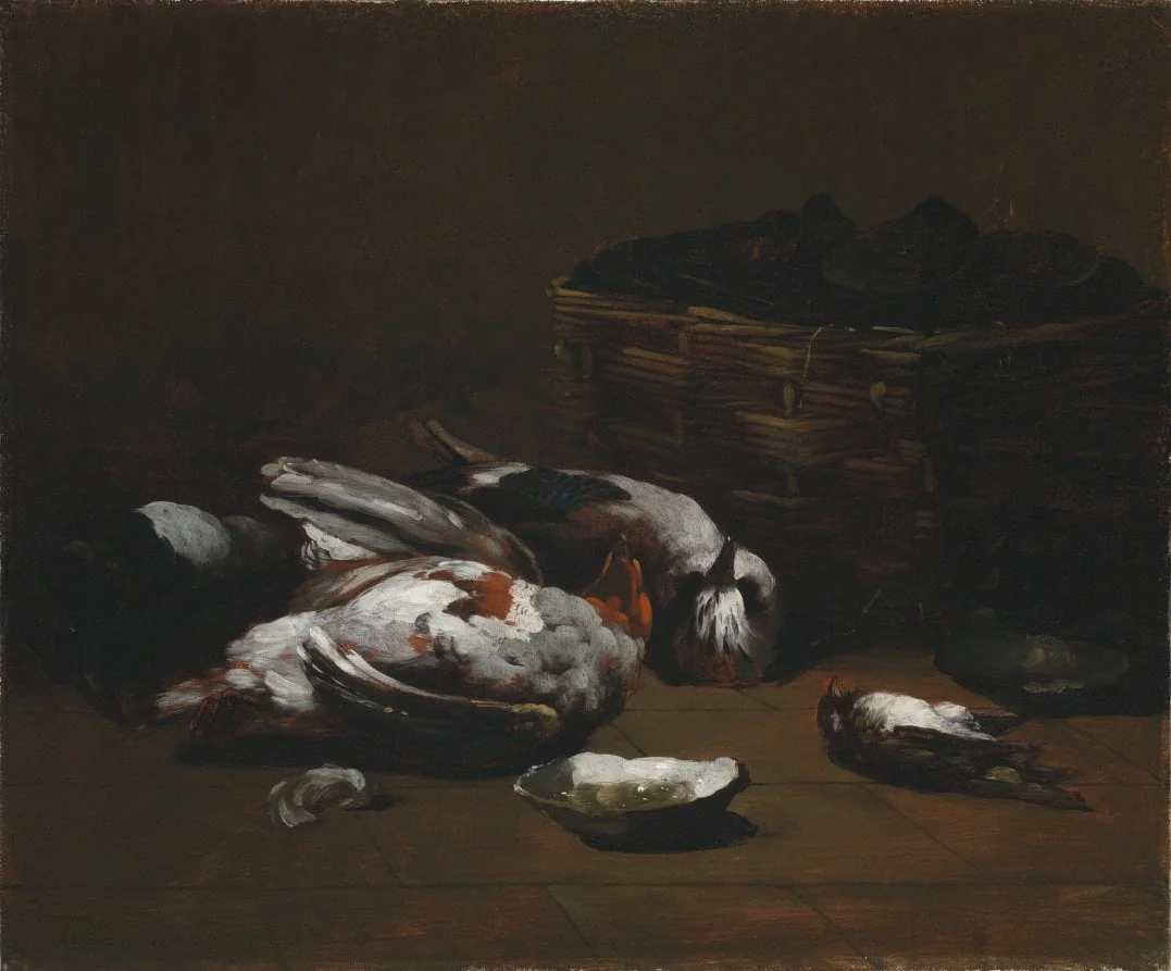 Still Life with Dead Birds and a Basket of Oysters, by Germain Théodule Clément Ribot, unspecified, 1870