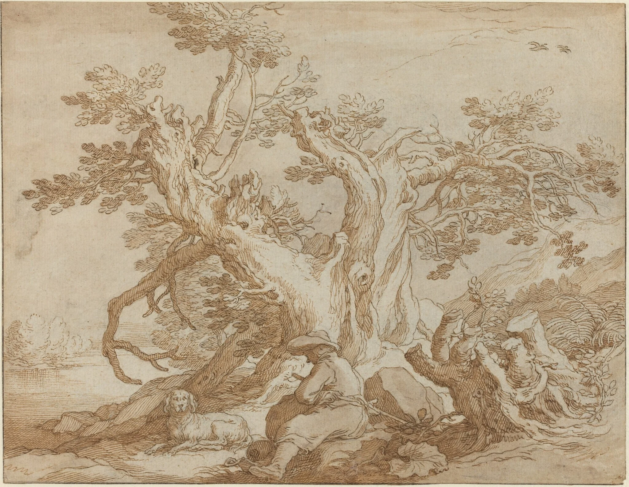 Landscape with Seated Figure and Dog, by Abraham Bloemaert, chalk, 1620