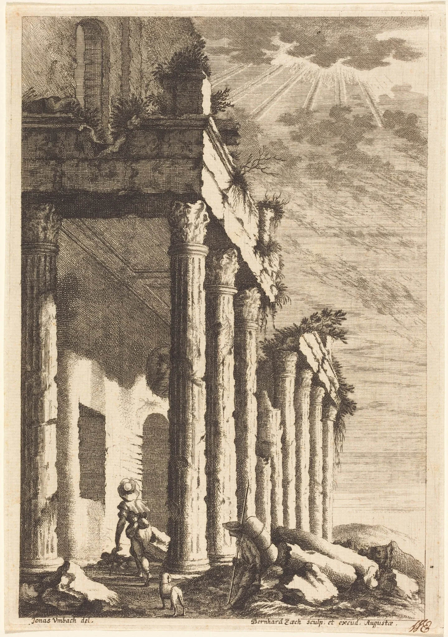 Travelers beside a Ruined Portico, by Bernhard Zaech, ink, 1650