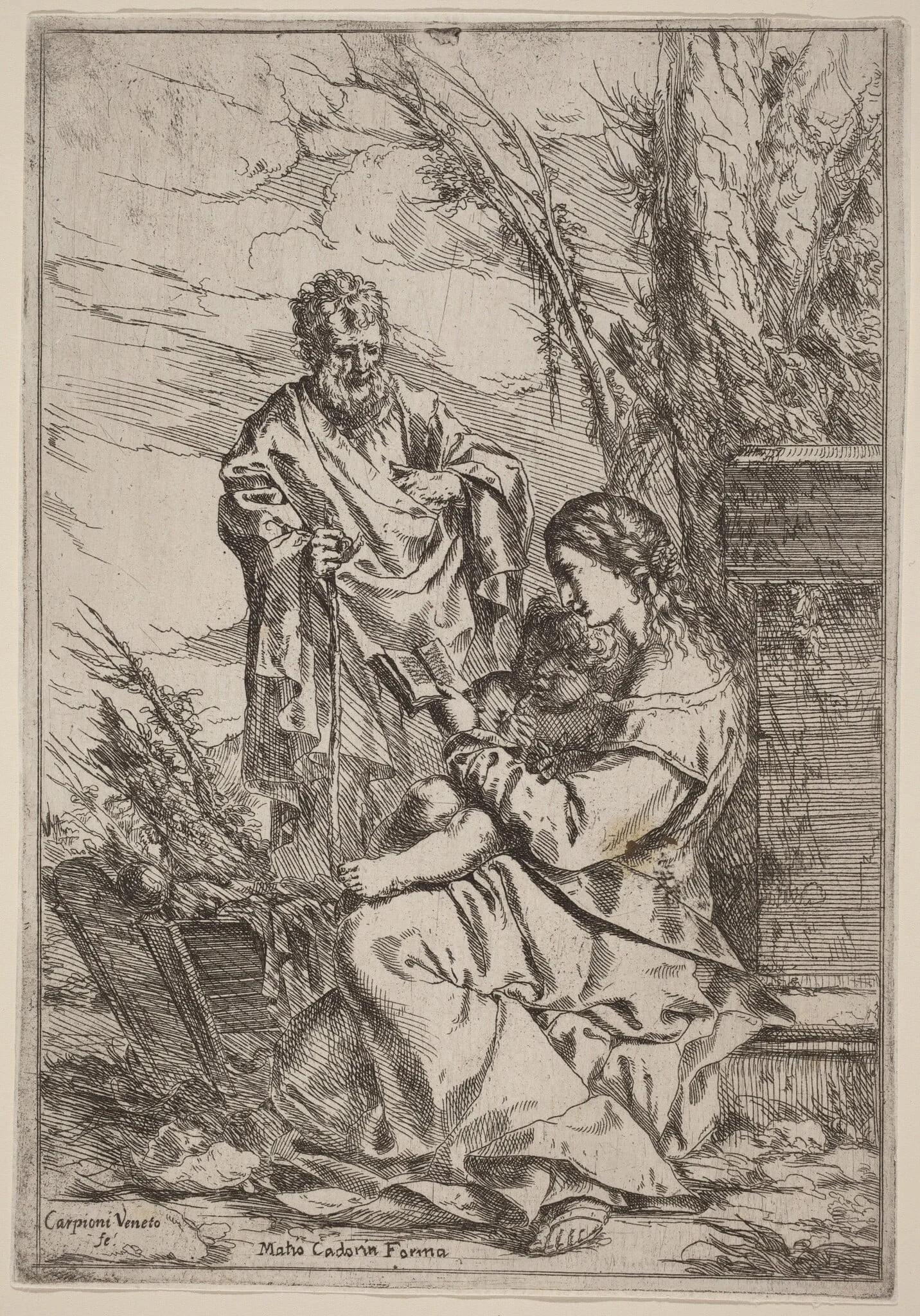 Holy Family with the Virgin Reading, by Giulio Carpioni, ink, 1646