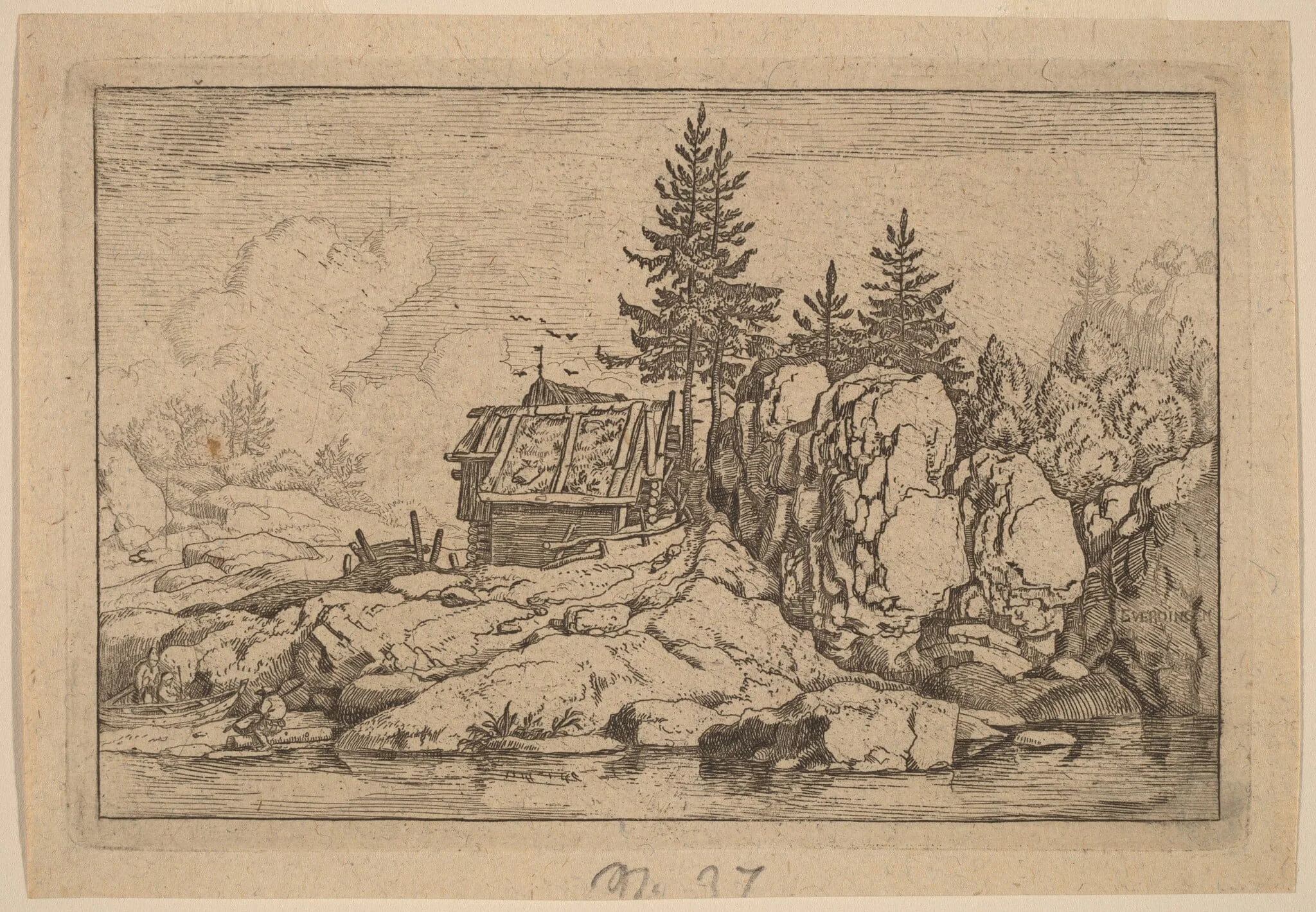 Two Fir Trees near Cottages, by Allart van Everdingen, ink, 1650