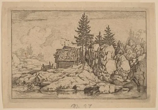 Two Fir Trees near Cottages