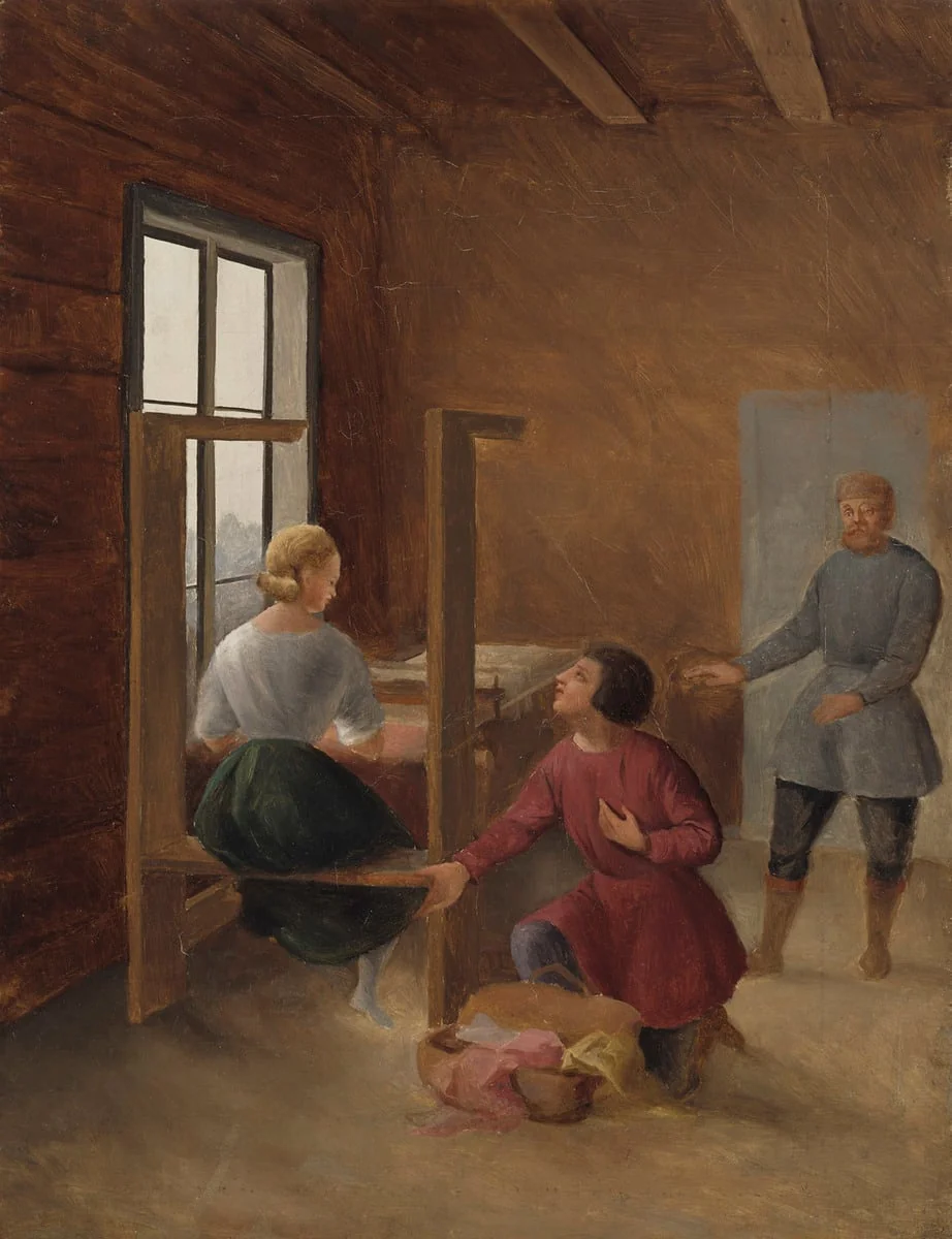 Kangaspuiden ääressä, kohtaus Hirvenhiihtäjistä ; keskeneräinen, by Berndt Abraham Godenhjelm, unspecified
