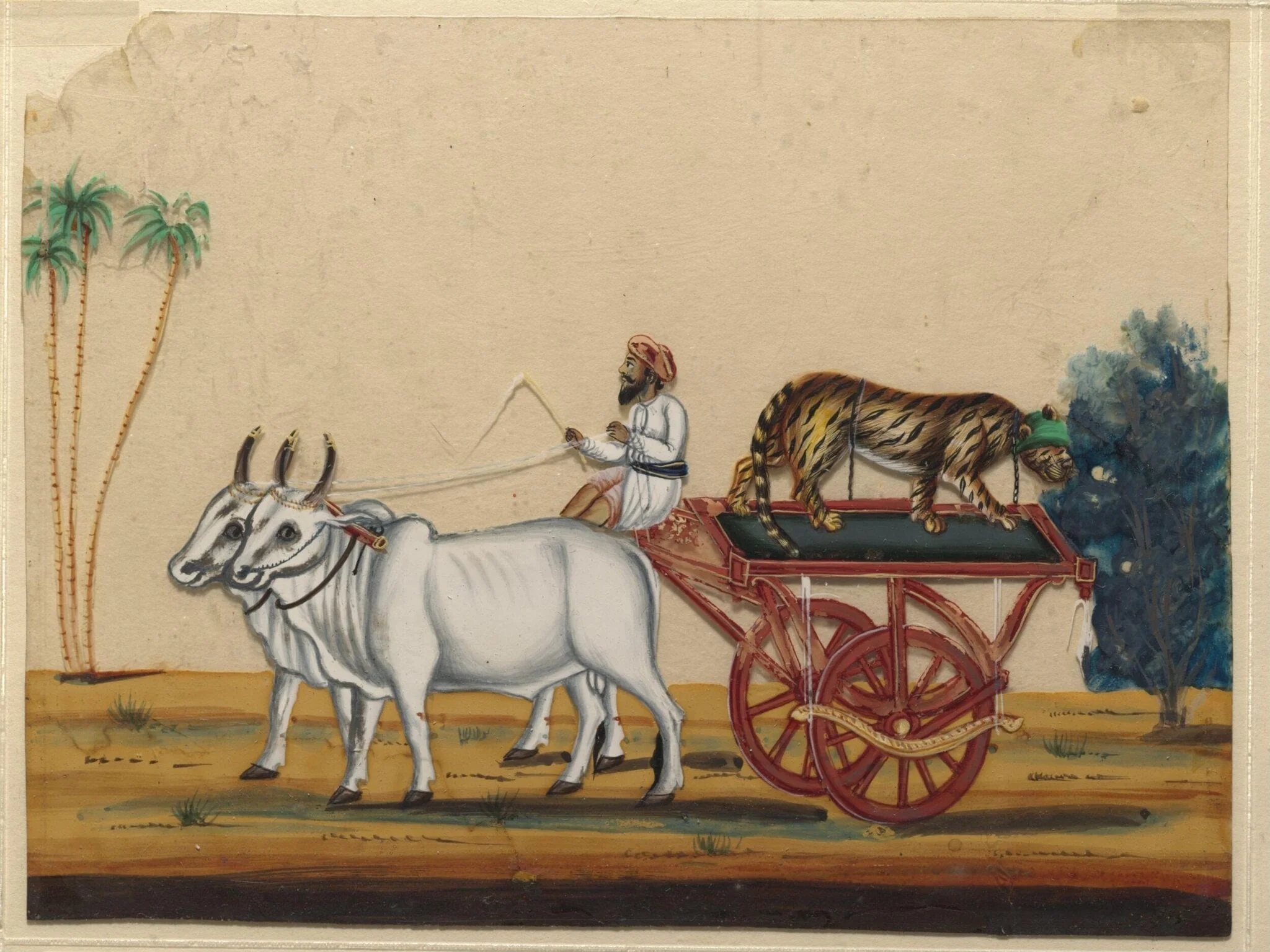 A bullock cart carrying a cheetah., by Unknown, paint, 1860