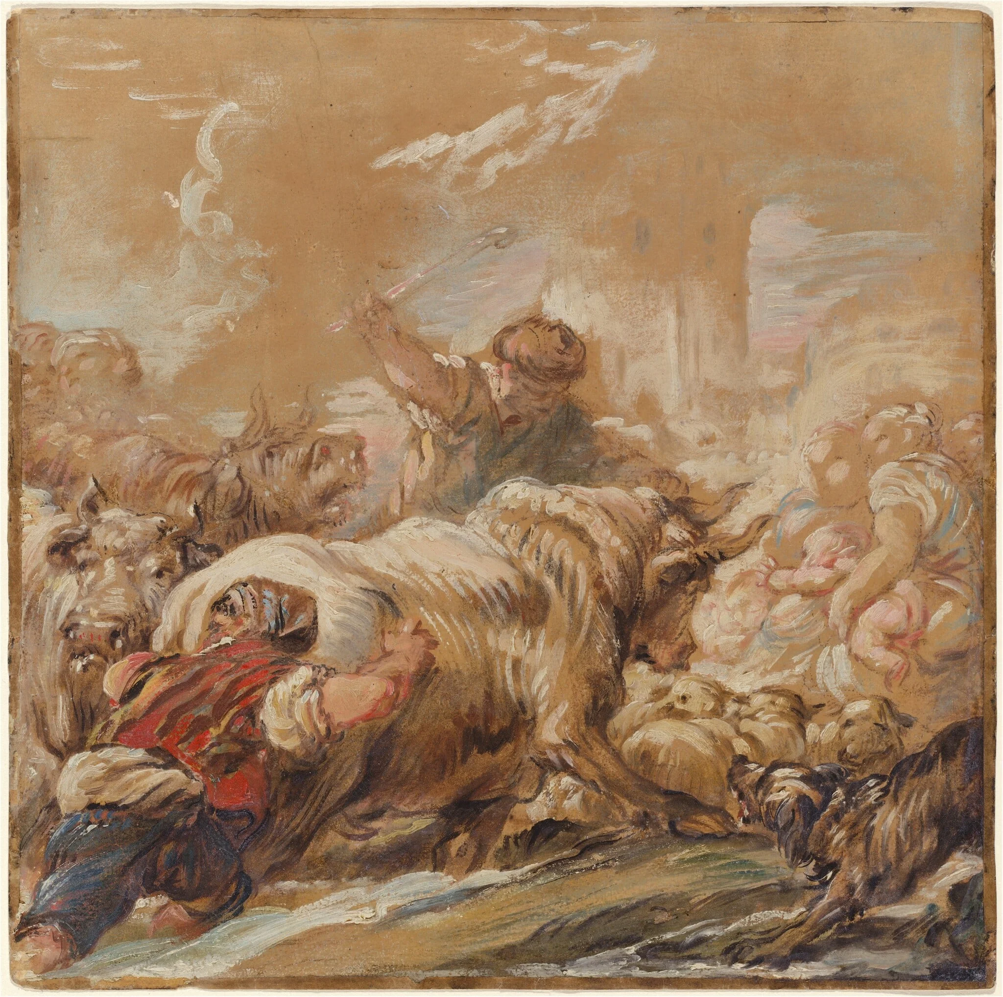 Herdsmen Driving Cattle across a Stream, by Jean-Baptiste Deshays, chalk, 1760