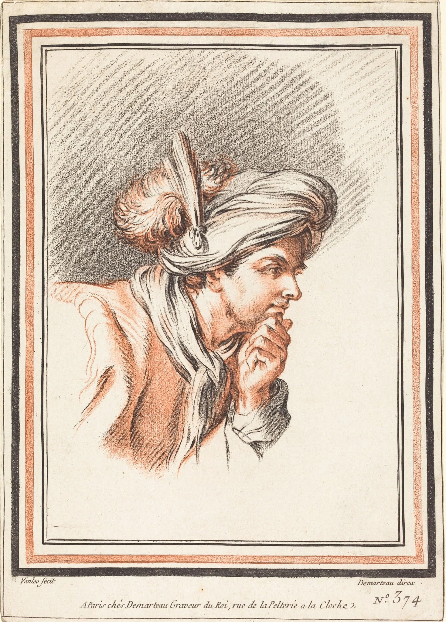Head of a Man Wearing a Plumed Turban, by Gilles Demarteau the Elder, chalk, 1772