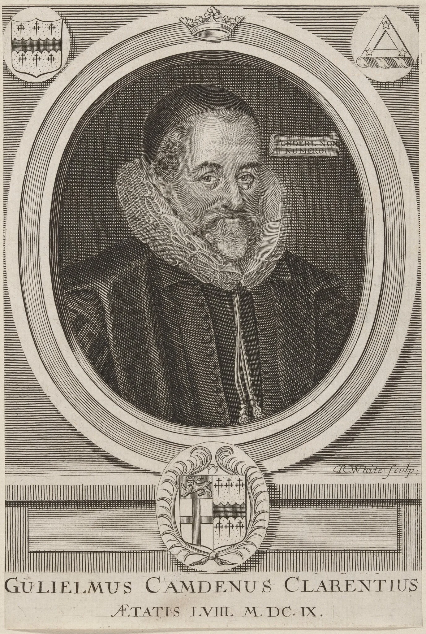 William Camden, by Robert White, ink, 1691