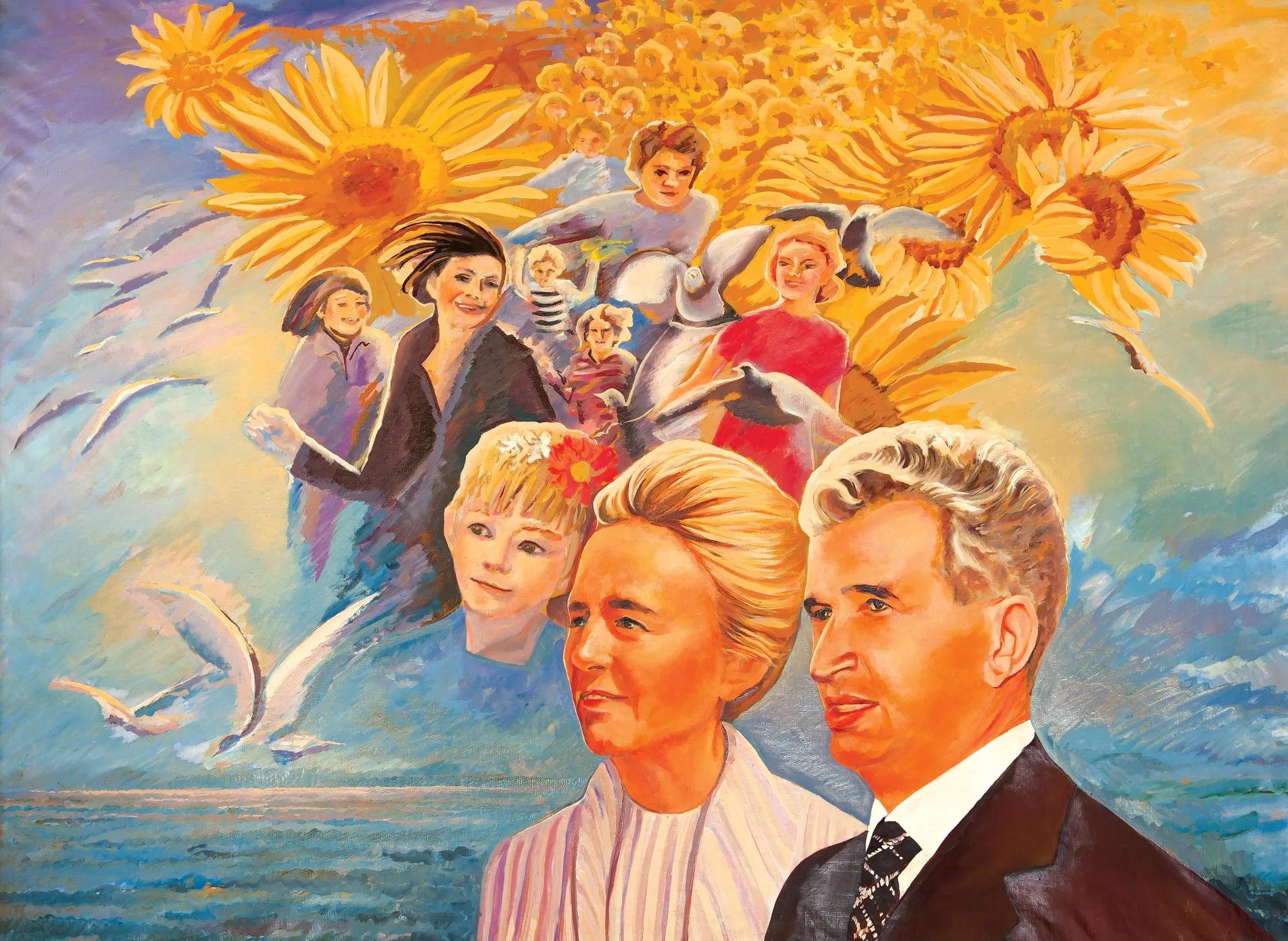 Tablou, „Omagiu”, ulei pe pânză atribuit Cornelia Ionescu Drăgușin. Cuplul Ceaușescu este reprezentat într-o atitudine de contemplare a orizontului, pe fundal marea și pescărușii. În partea de sus un joc de copii printre flori de floarea - soarelui. Oferit de Comitetul pentru Problemele Consiliilor Populare (1984)