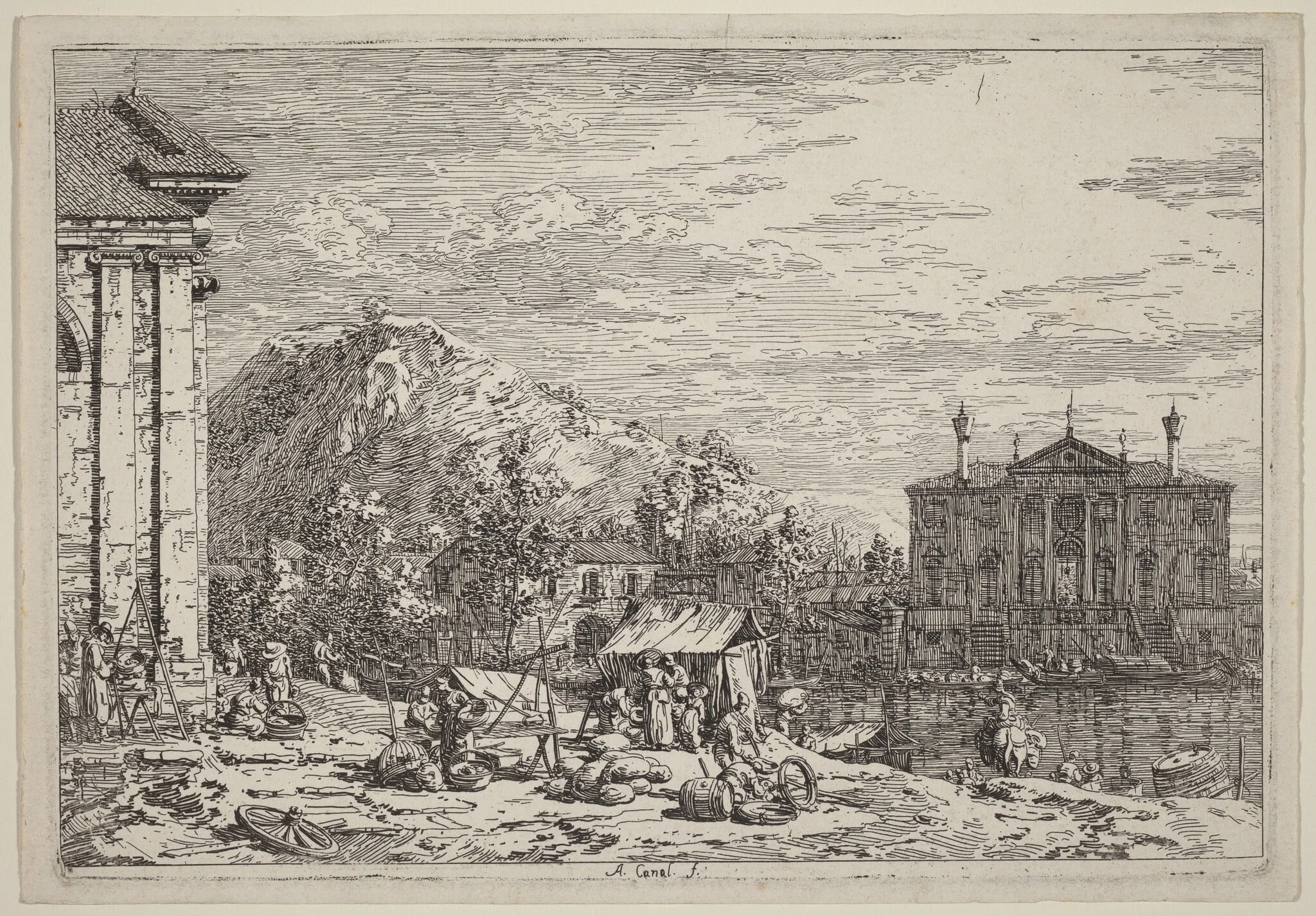 The Market at Dolo, by Canaletto, ink, 1740