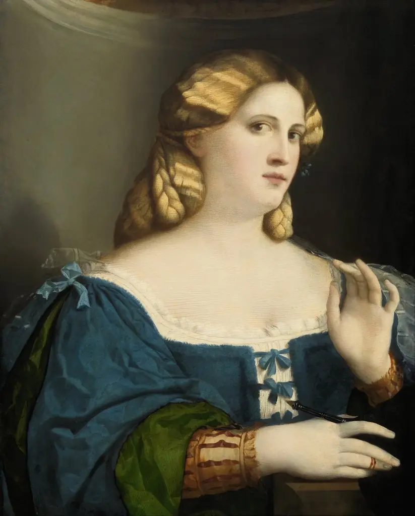 Young Woman in blue Gown with Feather