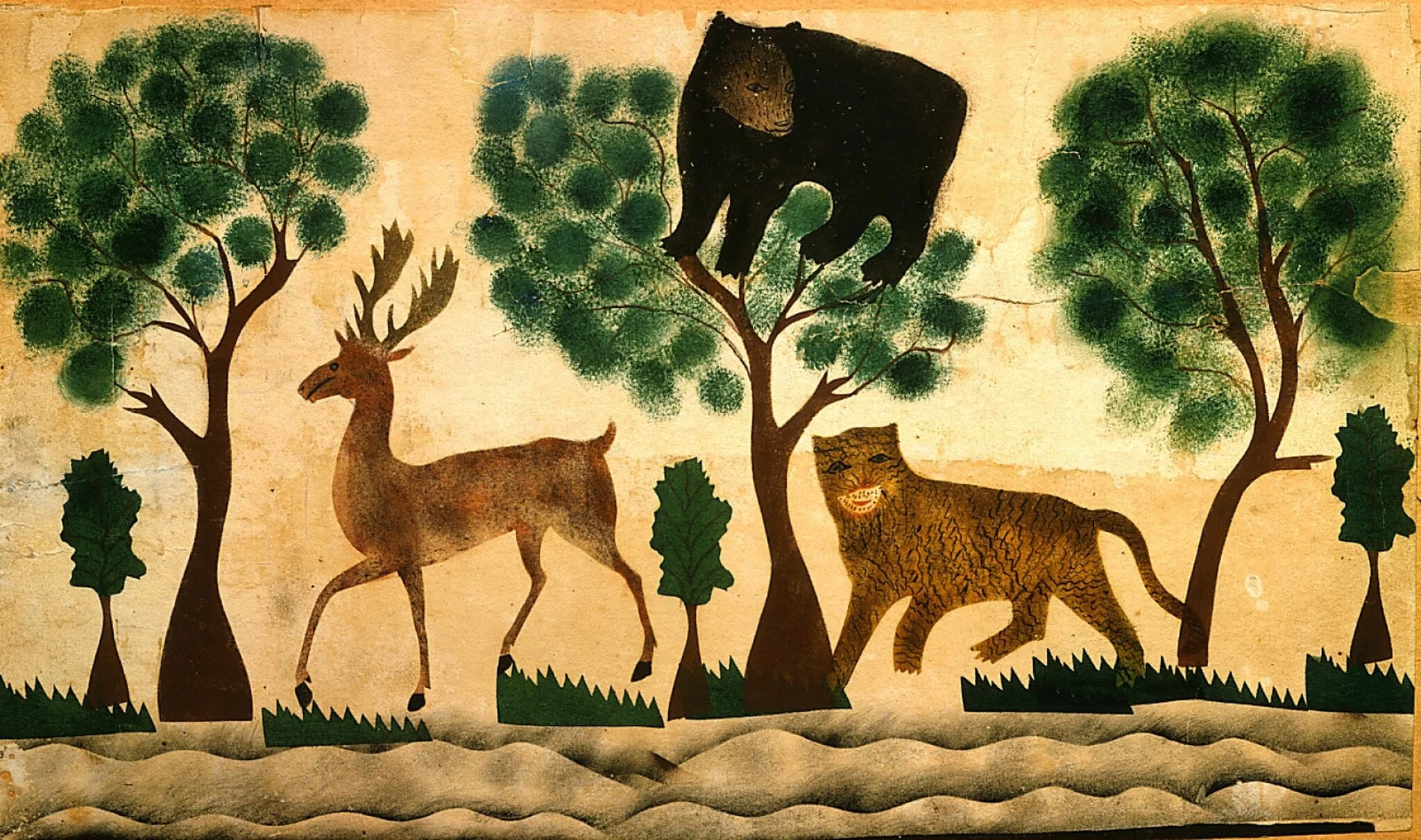 Bear in Tree, by American 19th Century, watercolor, 1850