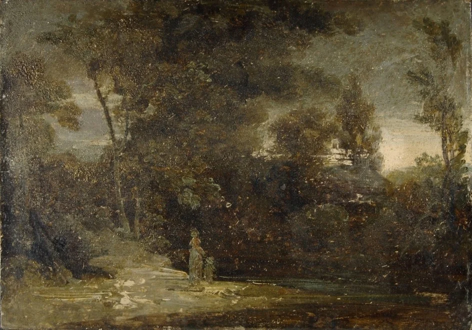 Figure by a wooded Stream