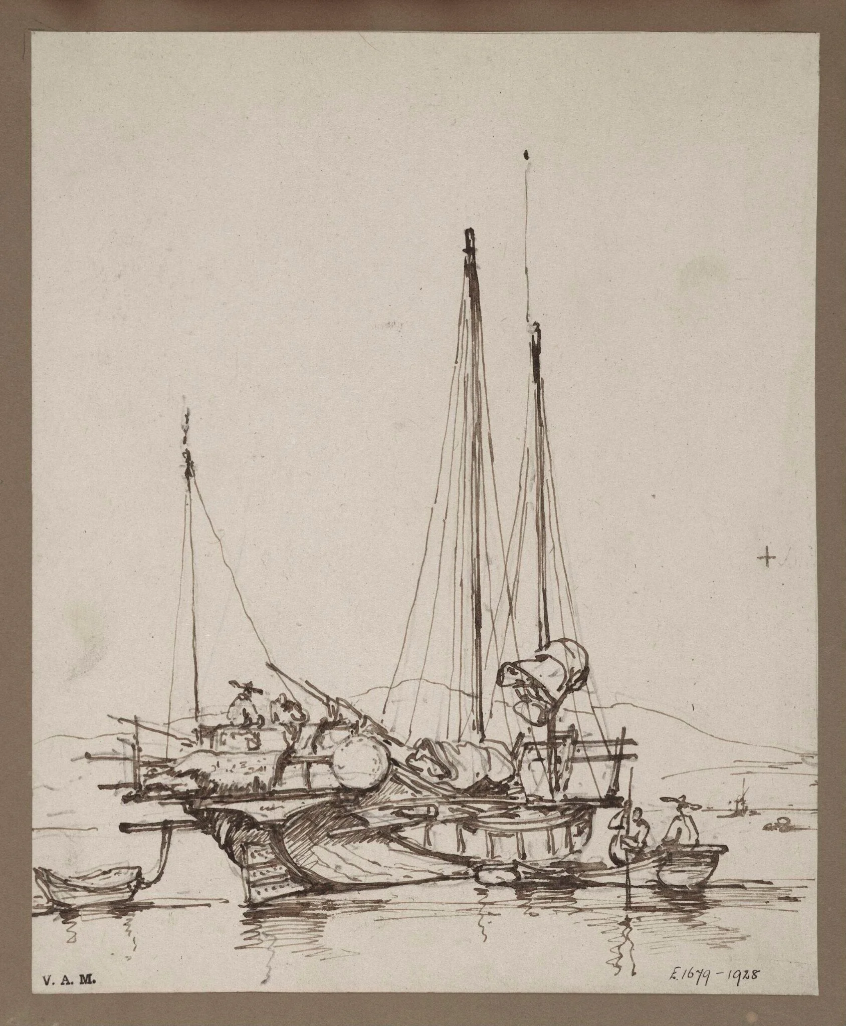A drawing by George Chinnery of aA  Chinese junk, with figures aboard and small craft alongside, by George Chinnery, 19