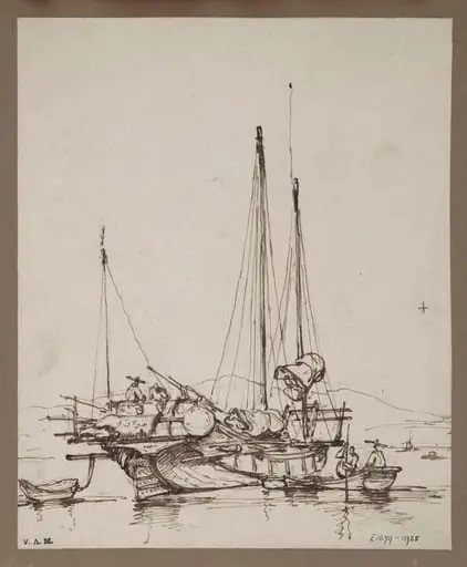 A drawing by George Chinnery of aA  Chinese junk, with figures aboard and small craft alongside