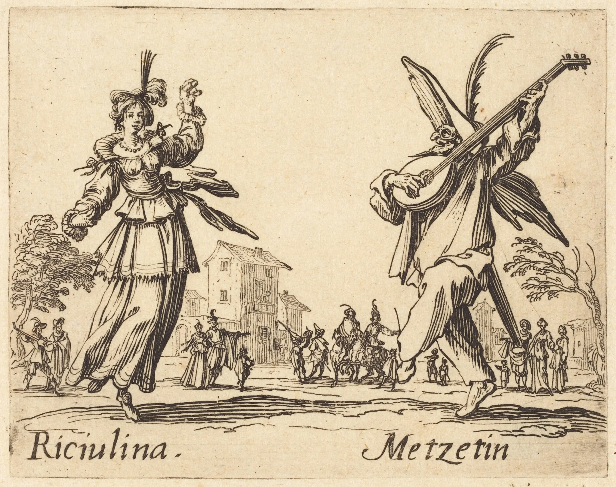 Riciulina and Metzetin, by Jacques Callot, ink, 1622