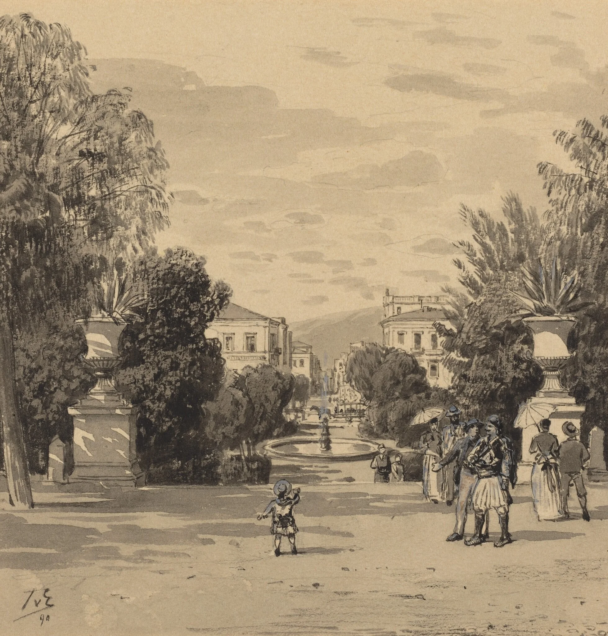 View from the Old Royal Palace of the Hermesstreet, by Themistocles von Eckenbrecher, ink, 1890