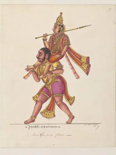 Niruti, the guardian of the south-west, riding on a man's shoulders.