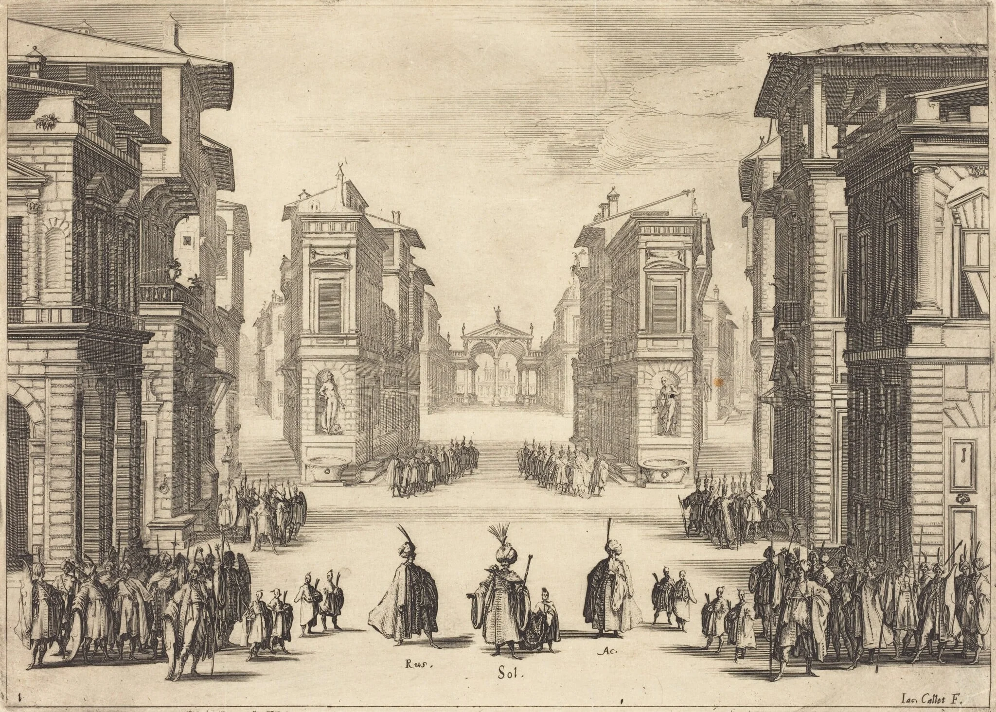 Il Solimano, Act I, by Jacques Callot, ink, 1620
