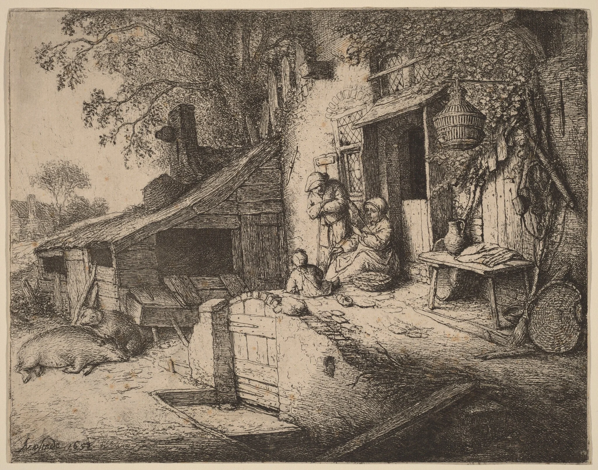 Farmstead wtih a Peasant Family Outside the Front Door, the Woman Spinning, by Adriaen van Ostade, ink, 1652