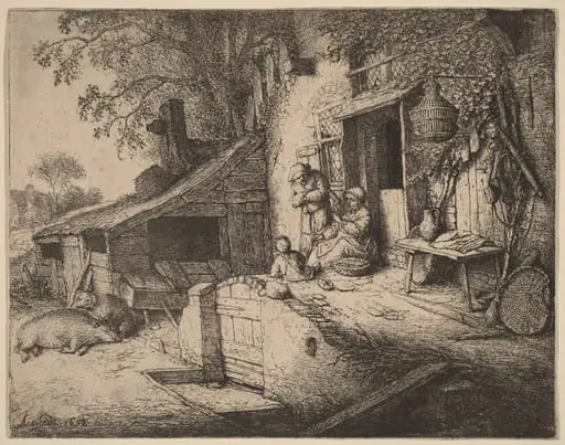 Farmstead wtih a Peasant Family Outside the Front Door, the Woman Spinning