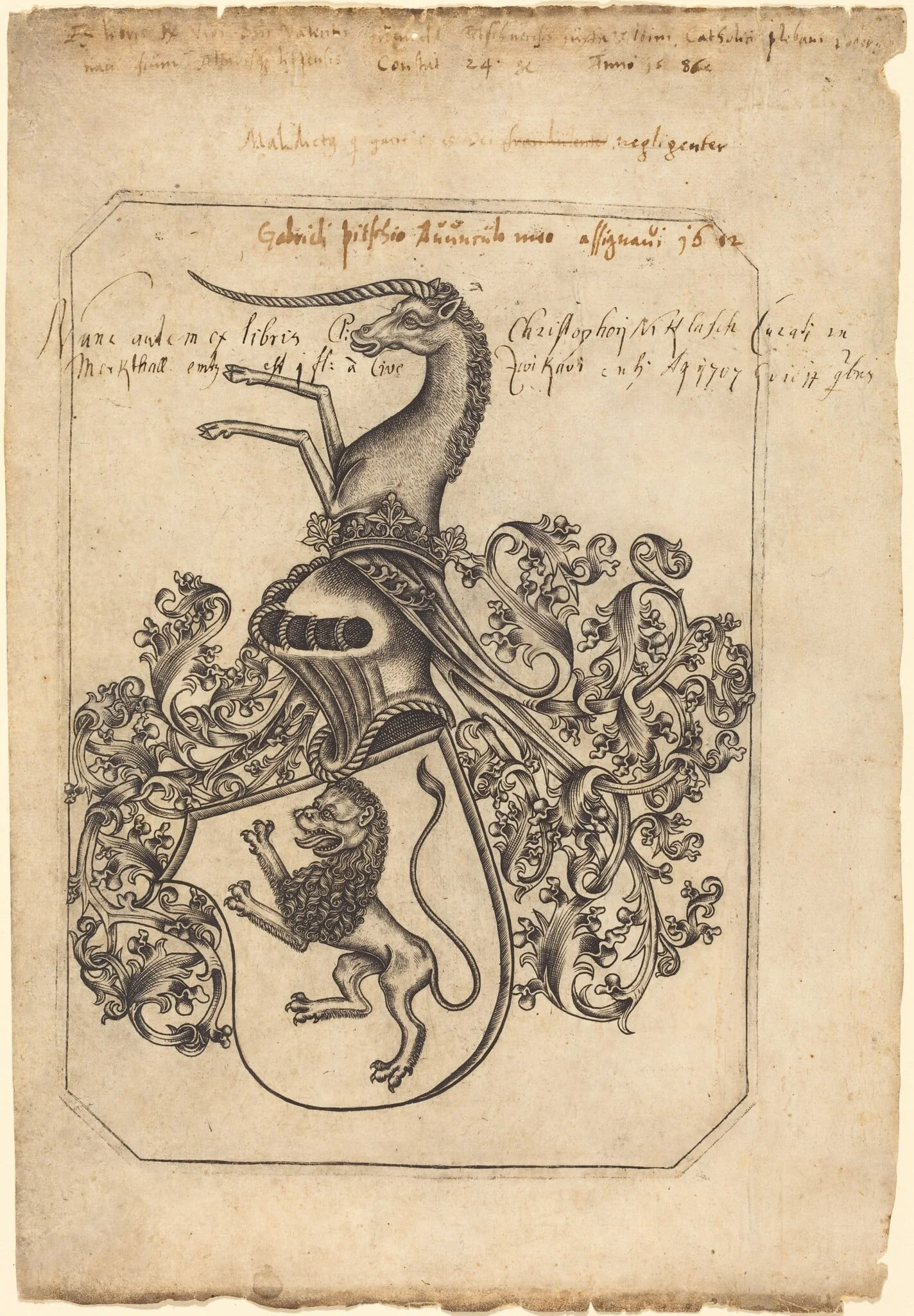 Coat of Arms with a Lion and Unicorn, by Master hw, ink, 1485