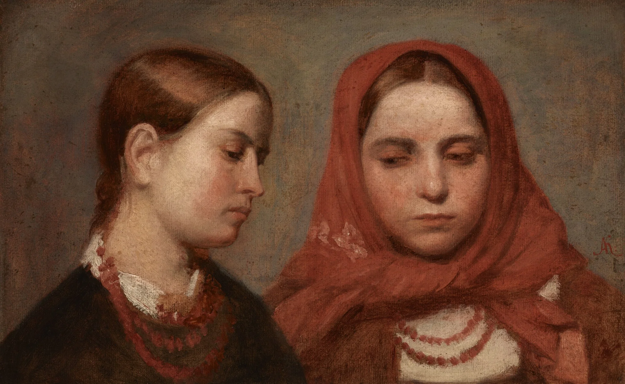 Heads of Two Young Girls, by Aleksander Kotsis, oil, 1870