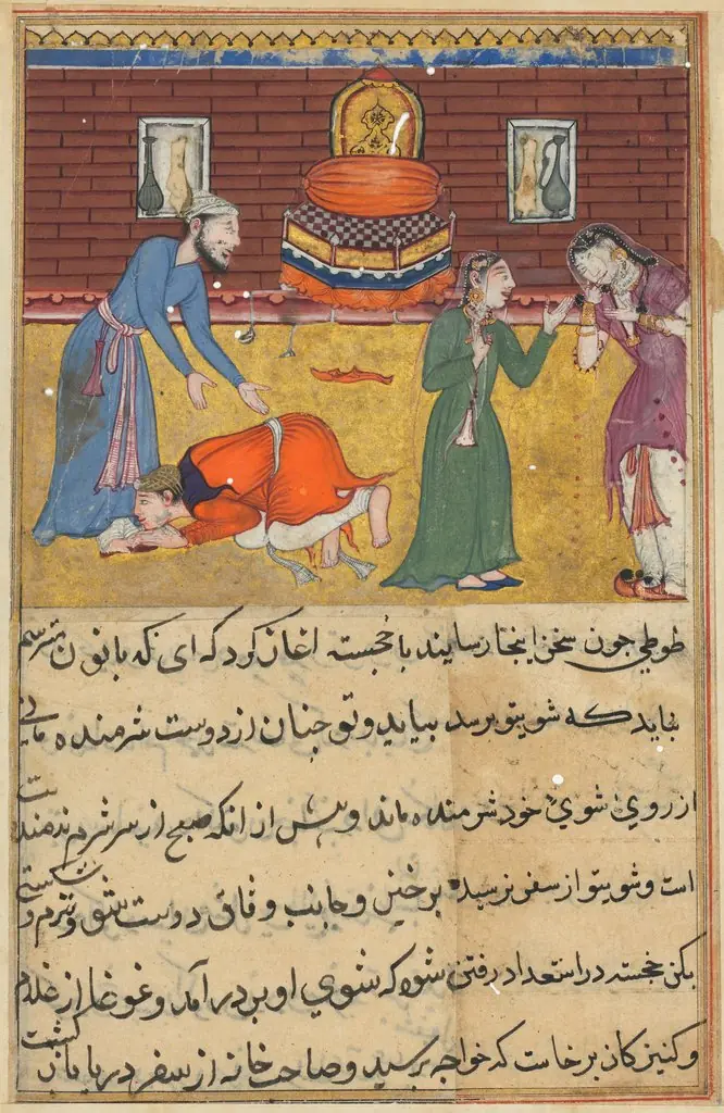 The pious man’s son, now a king, reveals himself to his father; his nurse upbraids his unfaithful mother, from a Tuti-nama (Tales of a Parrot): Fifty-second Night