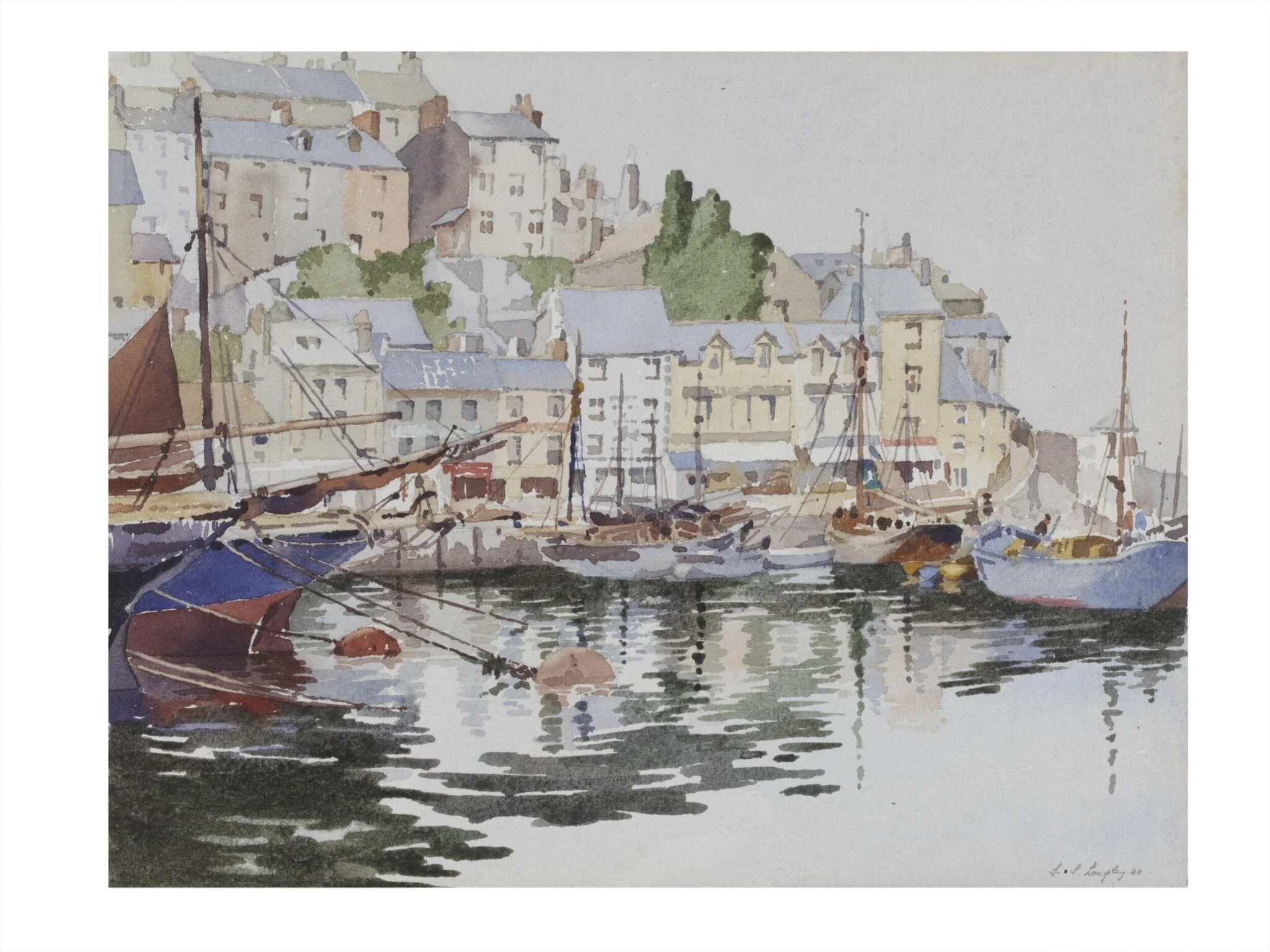 Brixham Harbour, by Stanislaus Soutten Longley, watercolor, 1940