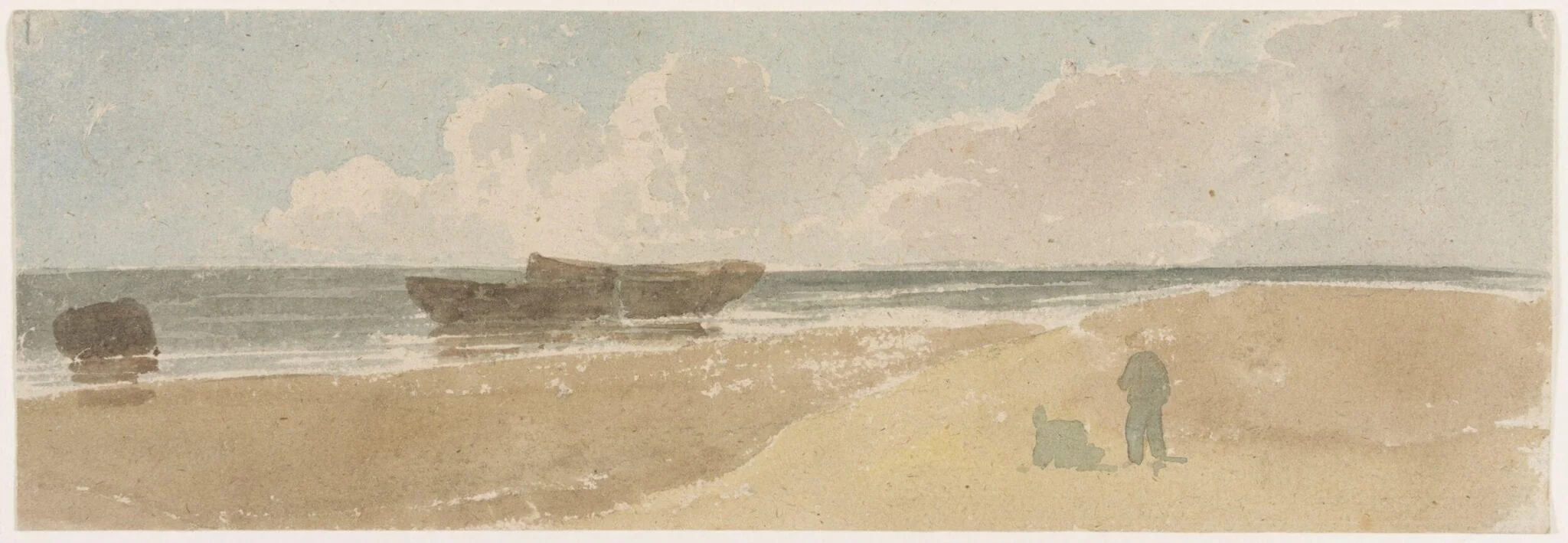 Shore scene with boats and two figures