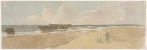 Shore scene with boats and two figures