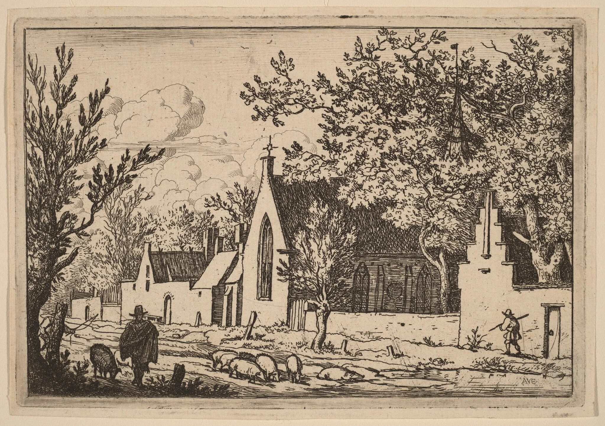 Swine Herd near a Chapel, by Allart van Everdingen, ink, 1650