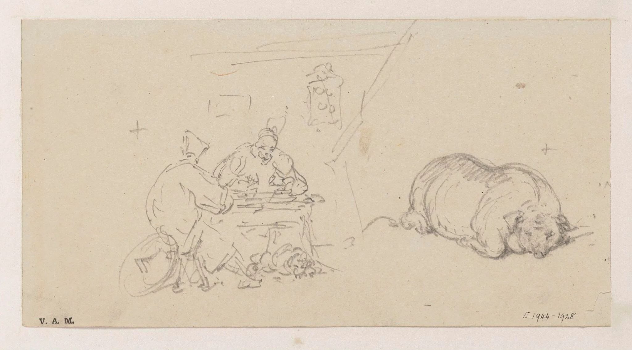 Two figures seated at a stall, and a pig, by George Chinnery, 19