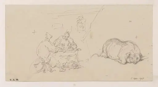 Two figures seated at a stall, and a pig