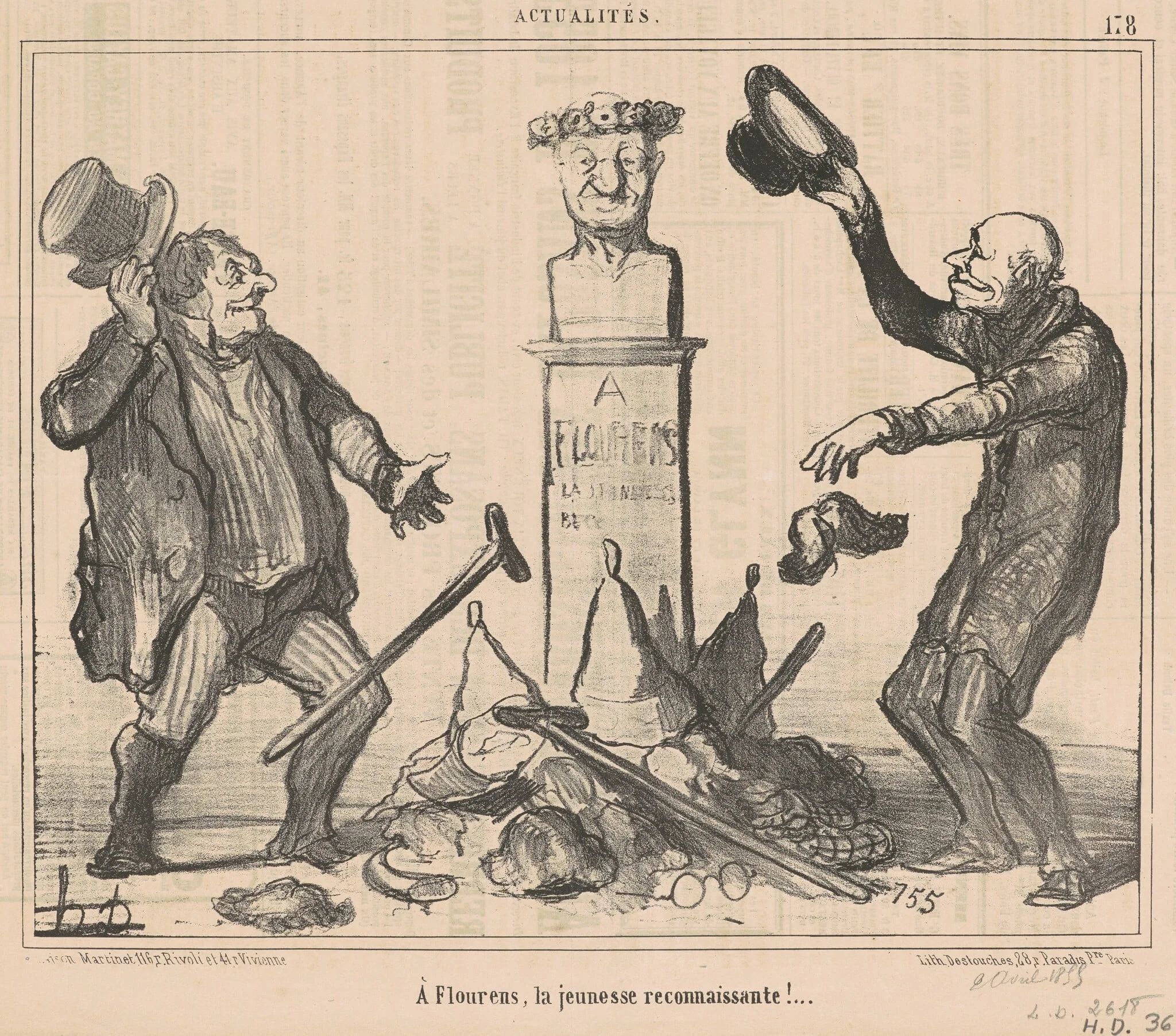 A Flourens, la jeunesse reconnaissante!, by Honoré Daumier, ink, 1855
