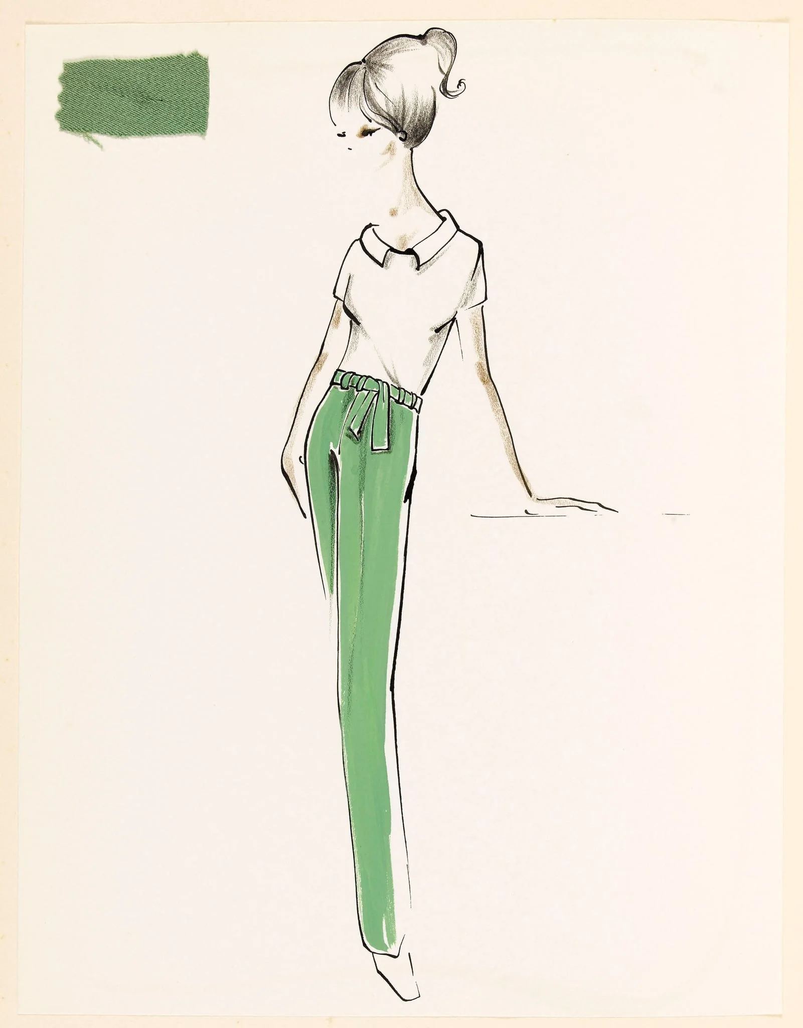 Haut blanc à manches courtes et pantalon vert à ceinture nouée, by Marie-Louise Carven, 1965