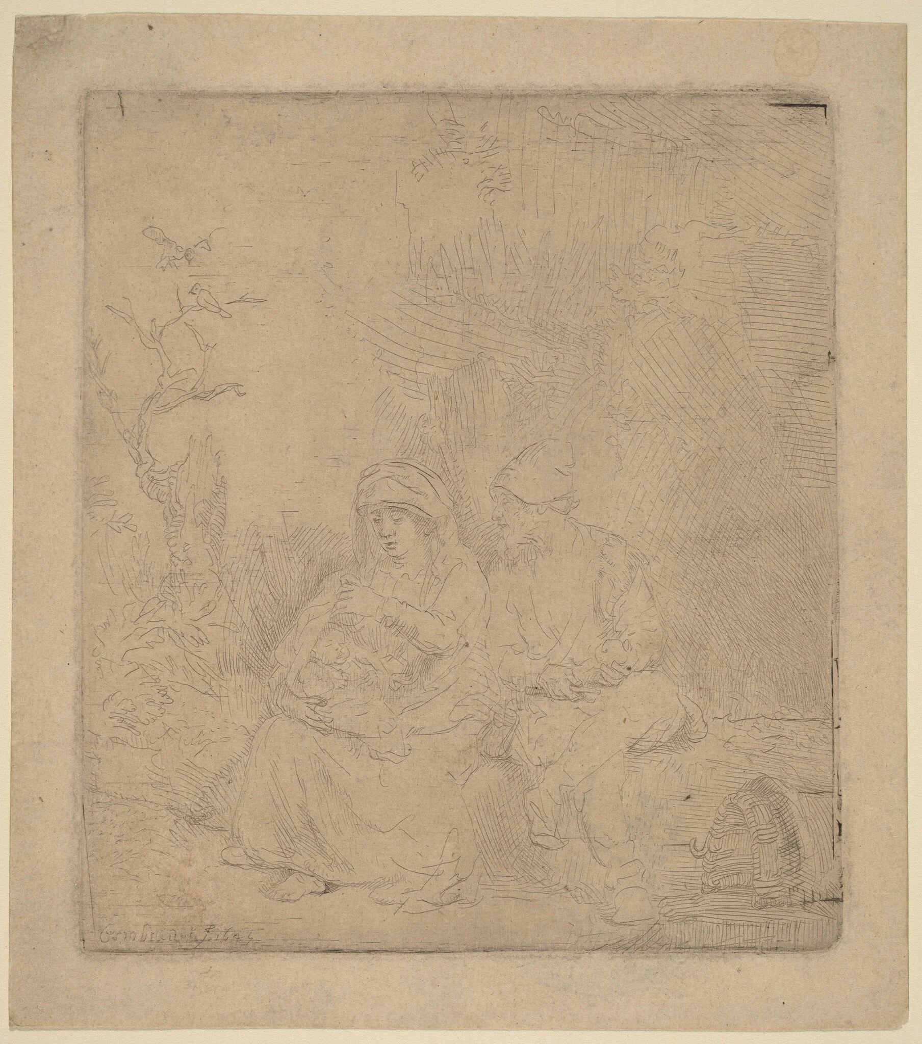The Rest on the Flight: Lightly Etched, by Rembrandt, ink, 1645