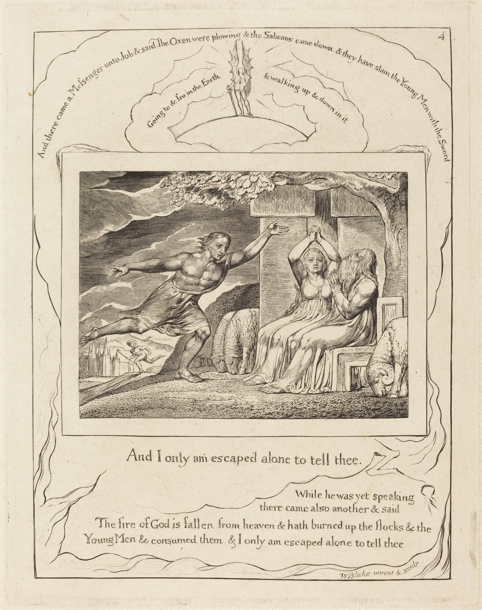 The Messengers Tell Job of His Misfortunes, by William Blake, ink, 1825