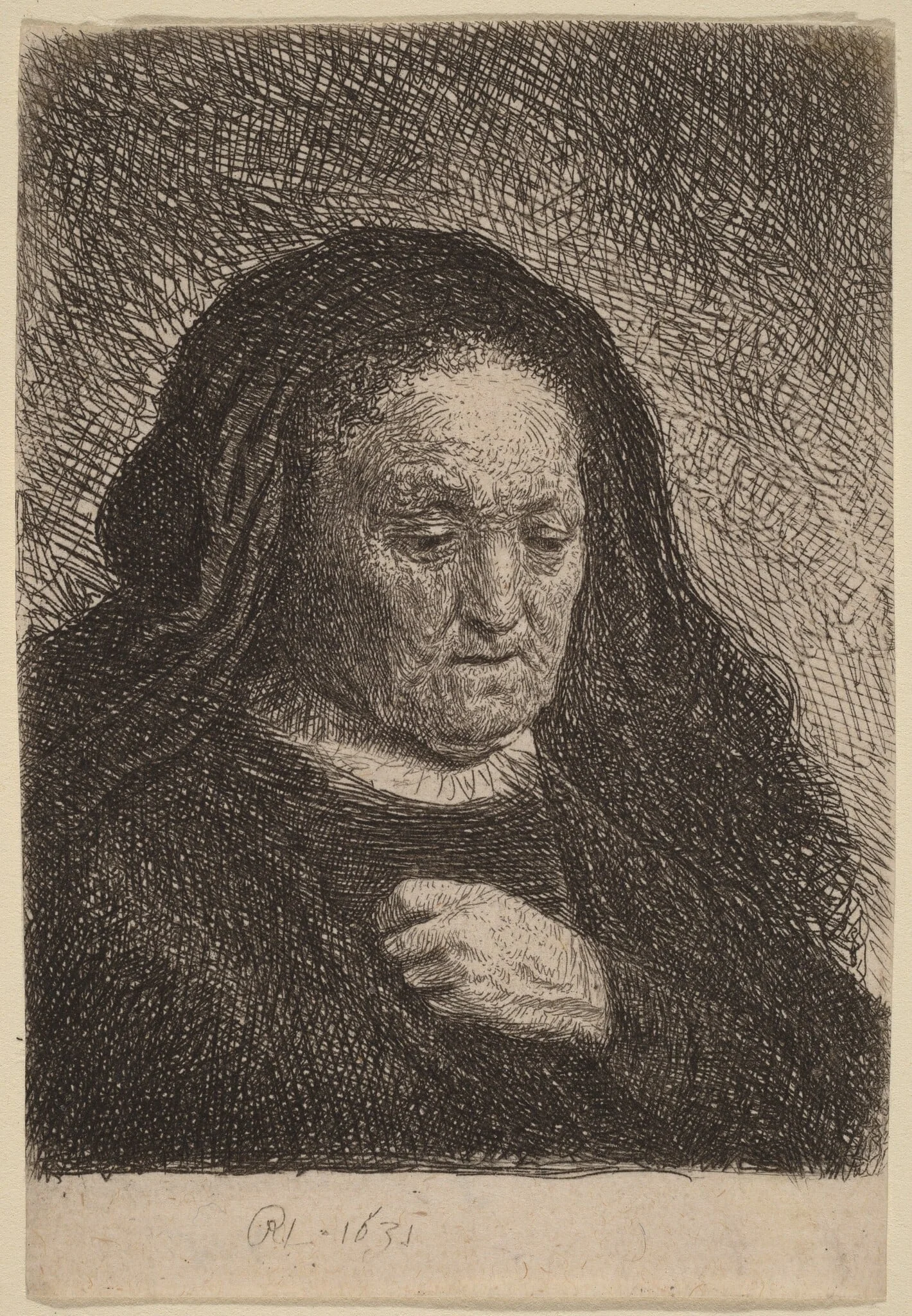 The Artist's Mother with Her Hand on Her Chest, by Rembrandt, ink, 1631
