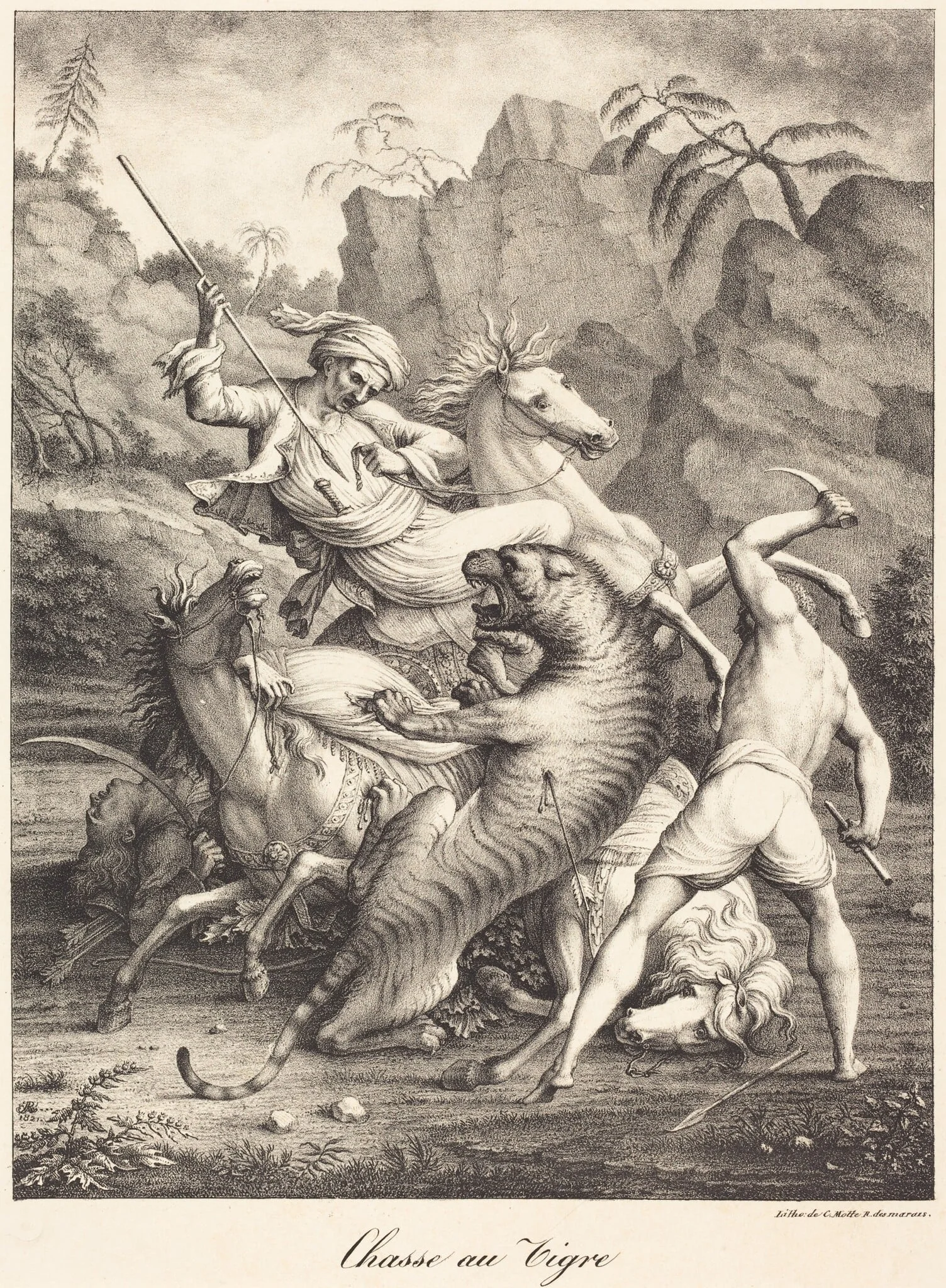 Tiger Hunt, by Charles Etienne Pierre Motte, ink, 1821