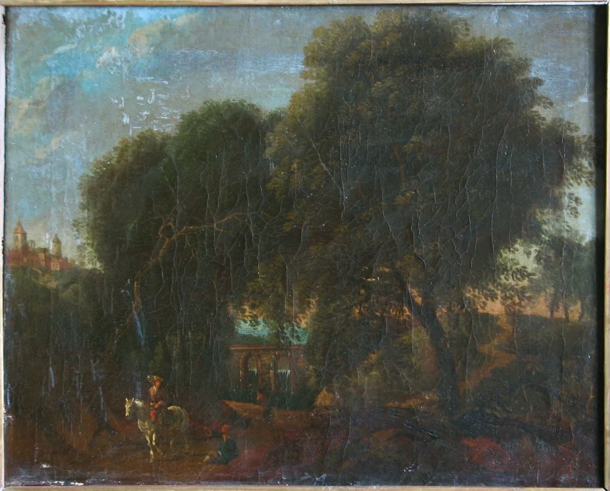 Peisaj cu copaci și pod ; Peisaj cu copaci și ruine antice, by Unknown, unspecified, 1699