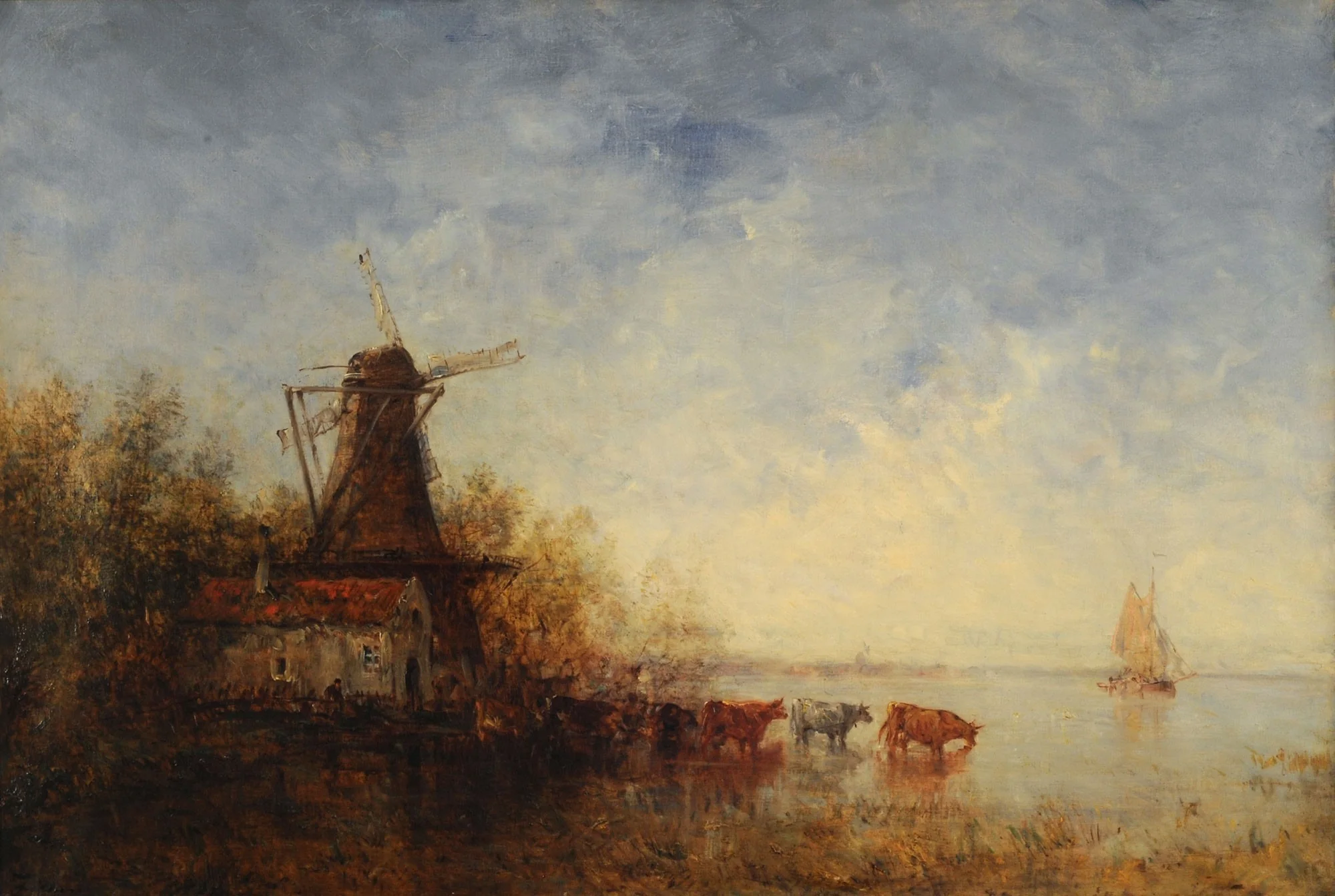 Windmill on riverbank, by Félix Ziem, oil, 1850