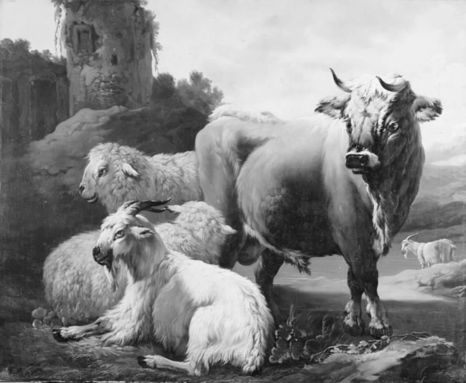Landscape with a Bull, Sheep and Goats, by Unknown, unspecified, 1688