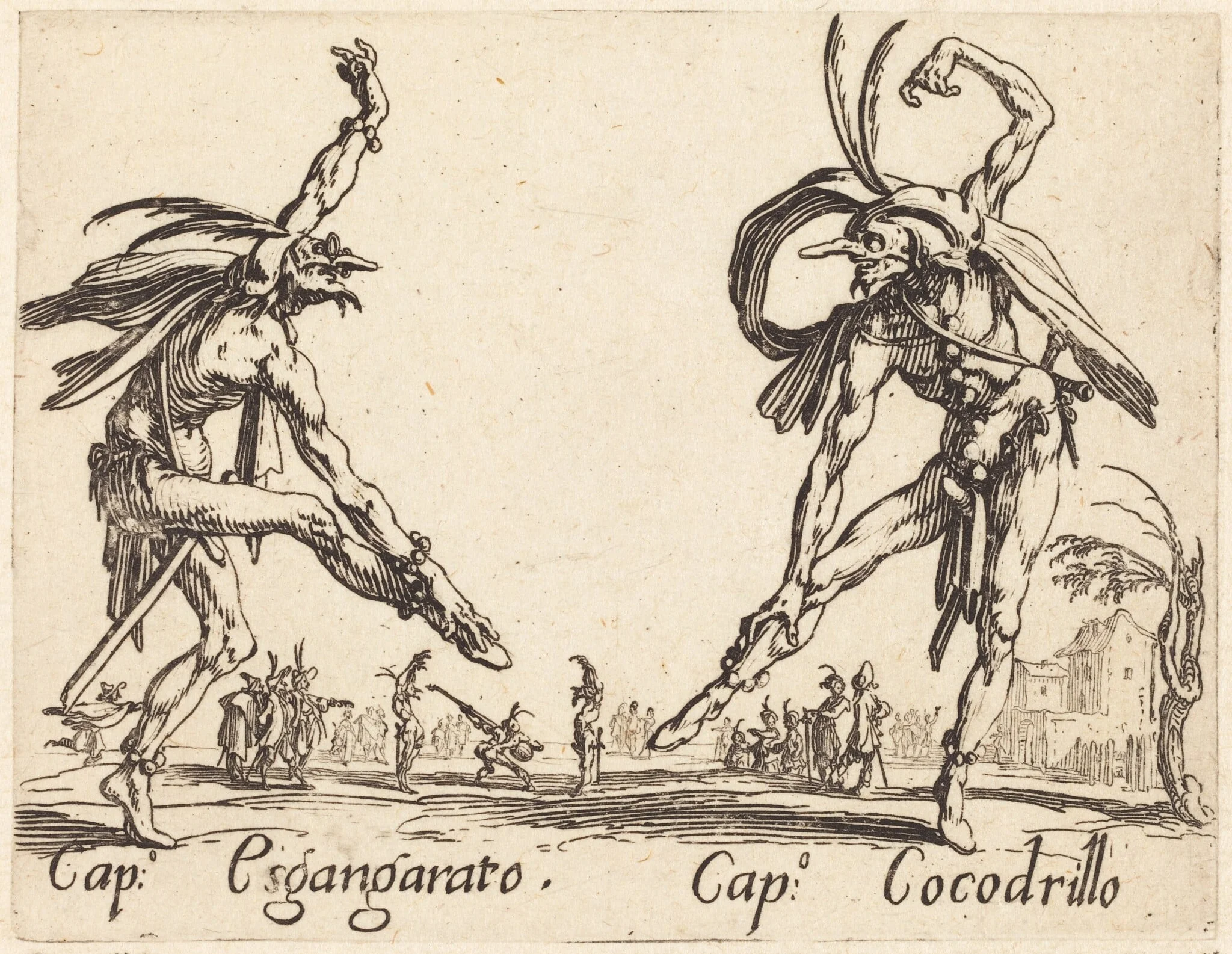 Cap. Esgangarato and Cap. Cocodrillo, by Jacques Callot, ink, 1622